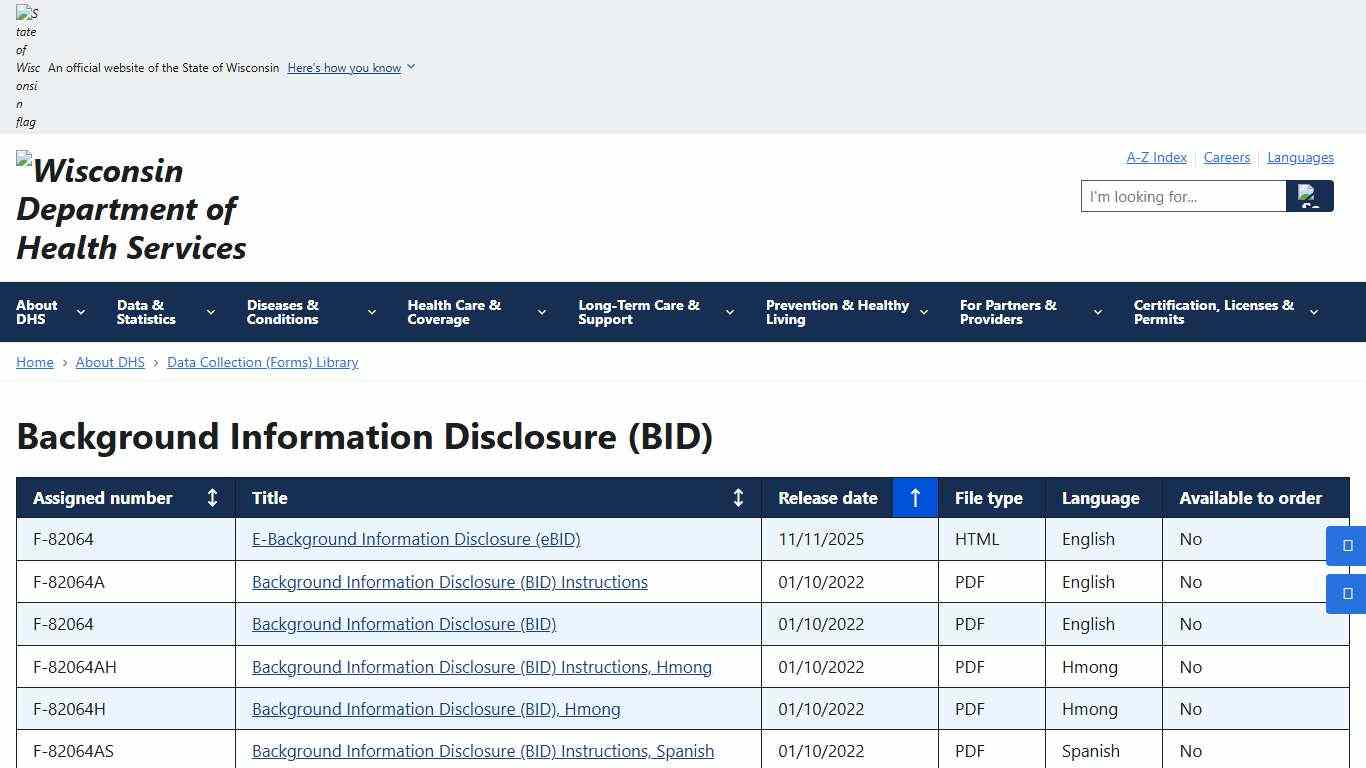 Background Information Disclosure (BID) Wisconsin Department of Health Services